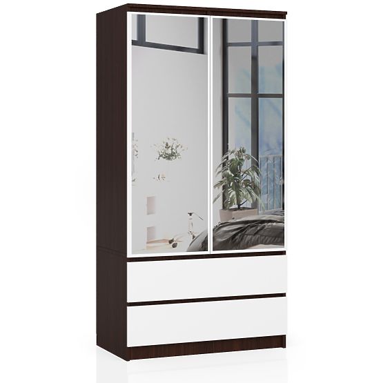 DULAP CU 2 UȘI, 2 SERTARE, 2 OGLINZI, 90 cm, WENGE / ALB