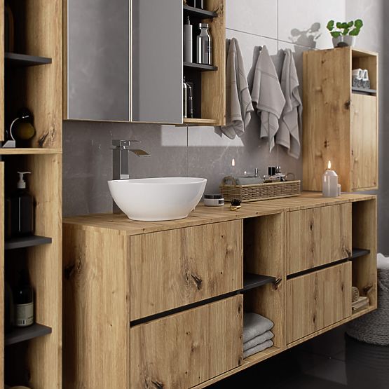 DULAP DE BAIE SUB LAVOAR CU ORIFICII VAMI W90 UM 2SZ 2P STEJAR ARTISAN / GRI GRAFIT