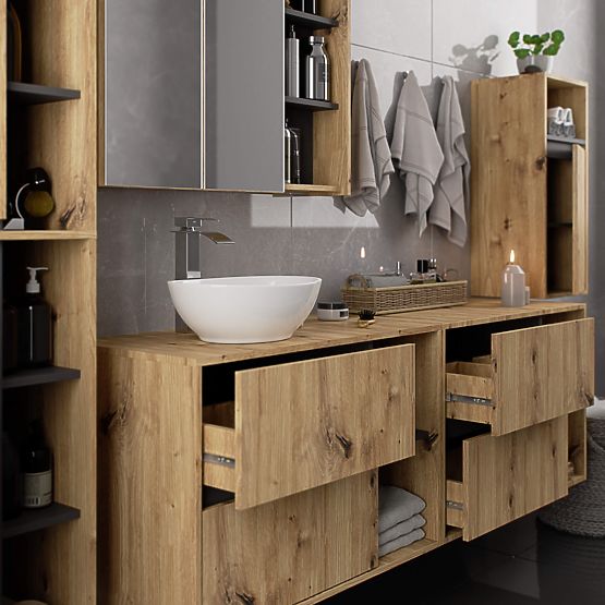 DULAP DE BAIE SUB LAVOAR CU ORIFICII VAMI W90 UM 2SZ 2P STEJAR ARTISAN / GRI GRAFIT