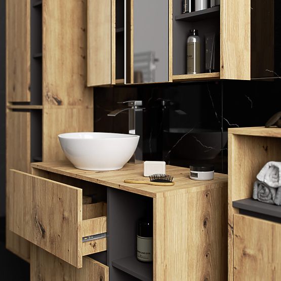 DULAP SUSPENDAT DE BAIE VAMI W50 2D 6P STEJAR ARTISAN / GRAFIT GRI