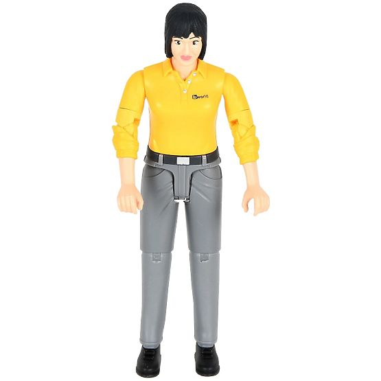 Figurină femeie Bruder BWORLD tricou galben, pantaloni gri