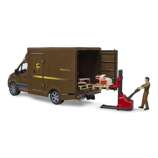Furgoneta Bruder UPS MB Sprinter cu figură și accesorii