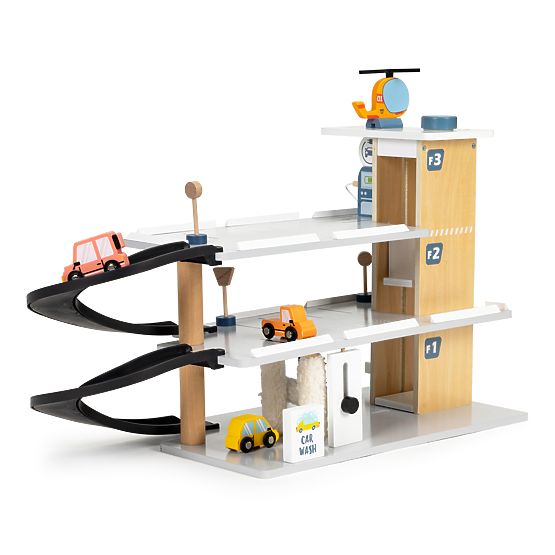 Garaj mare din lemn cu lift + mașinuțe, elicopter, spălătorie auto ECOTOYS