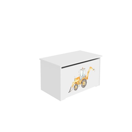Ladă de jucării Daria albă cu imprimeu Excavator galben
