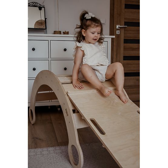 Leagăn Montessori din lemn cu tobogan/perete de cățărare L - natural