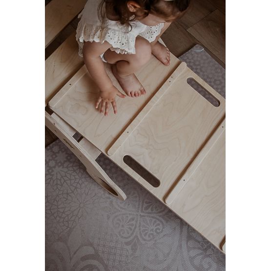 Leagăn Montessori din lemn cu tobogan/perete de cățărare L - natural