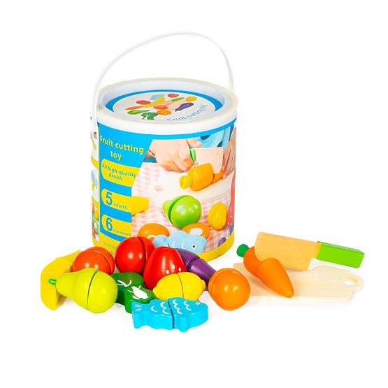 Legume și fructe din lemn pentru tăiat, 13 piese + găleată