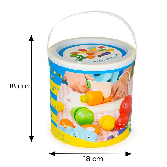 Legume și fructe din lemn pentru tăiat, 13 piese + găleată