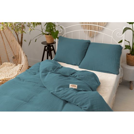 Lenjerie de pat muselina 140x200 cm + 70x90 cm albastru inchis