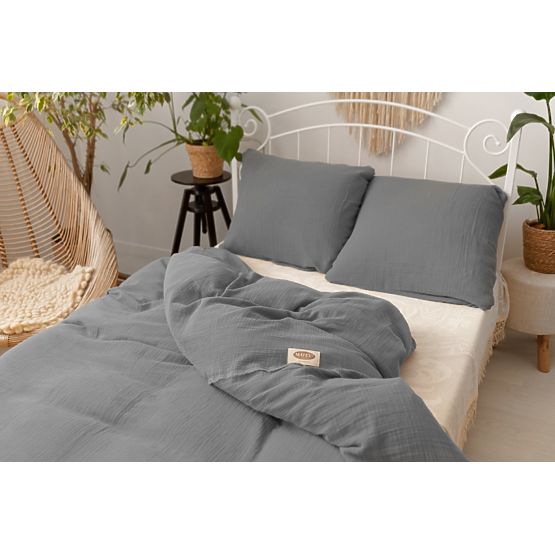 Lenjerie de pat muselina 140x200 cm + 70x90 cm gri inchis