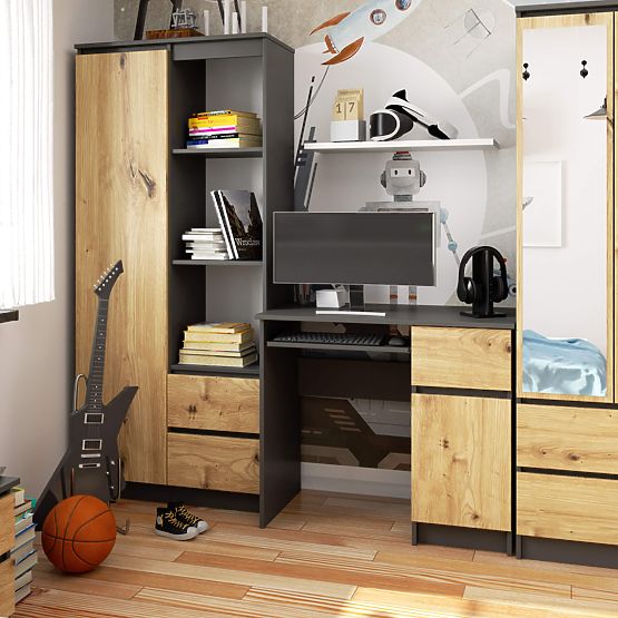 MASĂ DE CALCULATOR PIKSEL PK GRI / STEJAR ARTISAN - DREAPTA