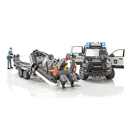 Mașină de poliție Bruder RAM cu barcă și două figurine