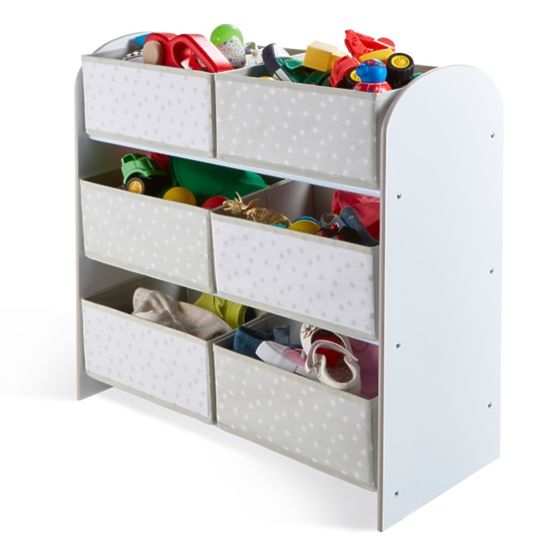 Organizator de jucării cu cutii gri și albe
