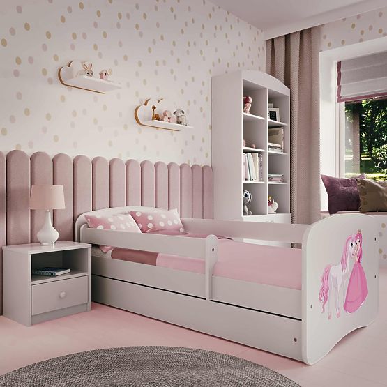 Pat pentru copii cu barieră Ourbaby - Prințesă cu ponei - alb