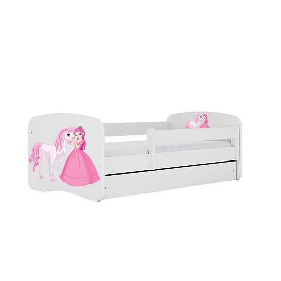 Pat pentru copii cu barieră Ourbaby - Prințesă cu ponei - alb