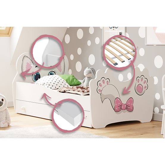 Pat de o persoană Pink Cat 160x80 cu sertar