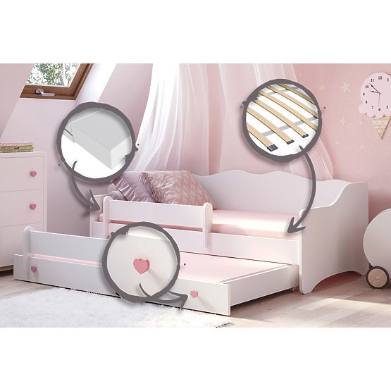 Pat dublu EMMA cu sertar și barieră 160x80 mâner roz