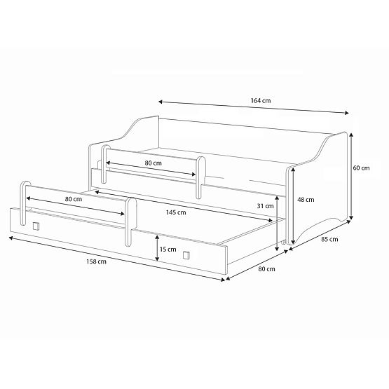 Pat dublu ERYK cu sertar și barieră 160x80 mâner alb
