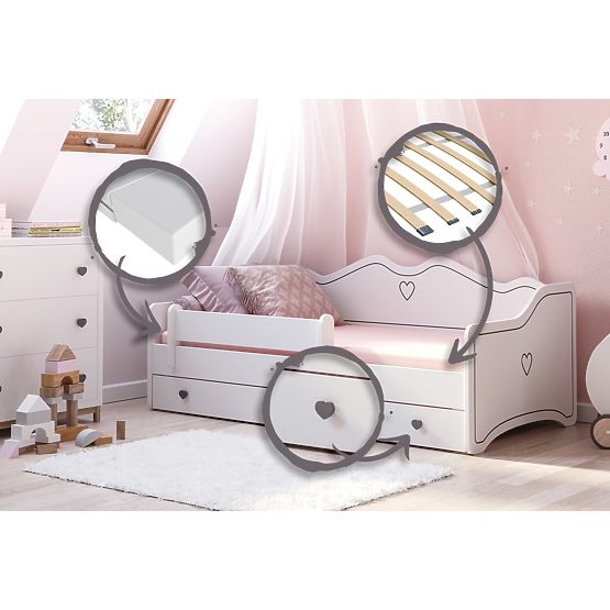 Pat pentru copii EMMA cu sertar și barieră 180x80 gri