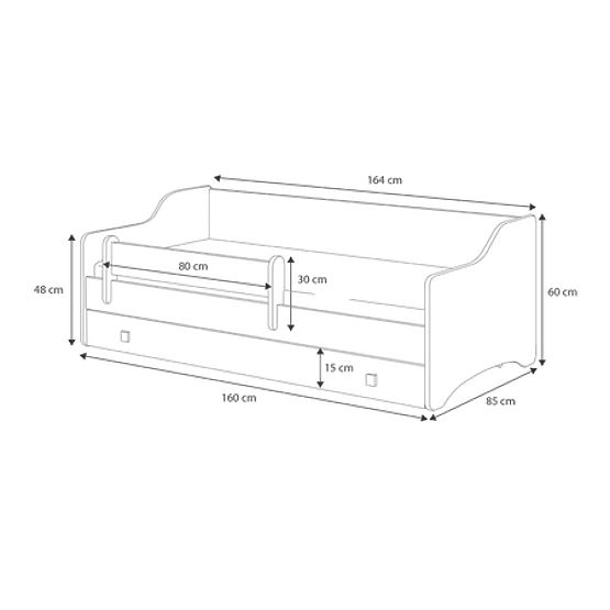 Pat pentru copii ERYK cu sertar și barieră 160x80 panou gri
