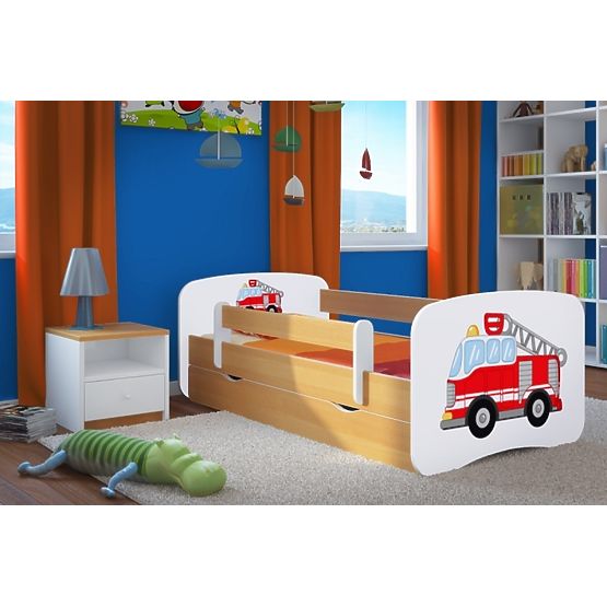 Pat pentru copii Ourbaby cu barieara de siguranta - Camion de pompieri - Fag