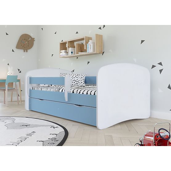 Pat pentru copii cu barieră Ourbaby - albastru-alb