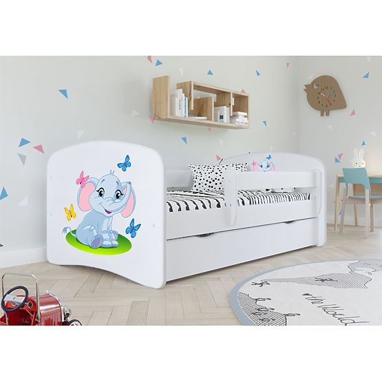 Pat pentru copii Ourbaby cu sina de siguranta-elefant-alb