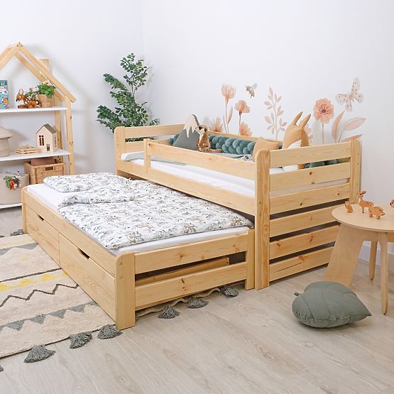 Pat pentru copii cu pat suplimentar și barieră Praktik - natural