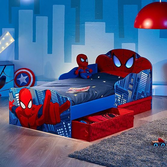 Pat pentru copii Spiderman cu lumină și spațiu de depozitare
