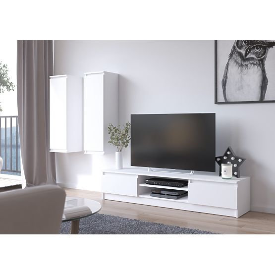 Perete de living CLP - set de mobilier vitrină + dulap TV alb