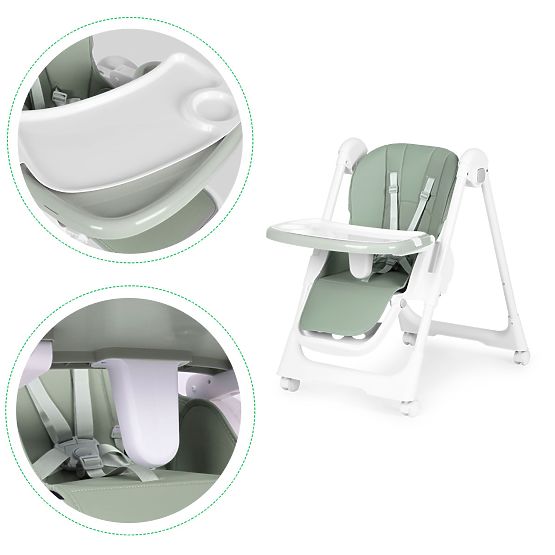 Scaun de hrănire cu înălțime reglabilă, piele ecologică, curele, tavă dublă ECOTOYS