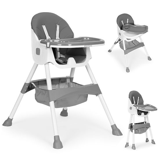 Scaun de masă pentru copii cu tavă, coș, centuri în 5 puncte, gri ECOTOYS
