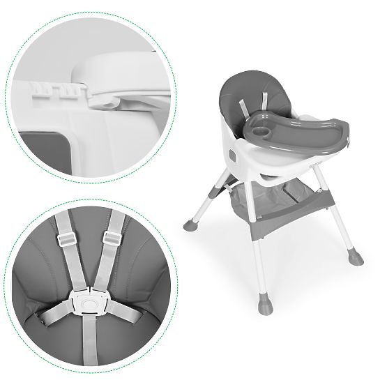 Scaun de masă pentru copii cu tavă, coș, centuri în 5 puncte, gri ECOTOYS