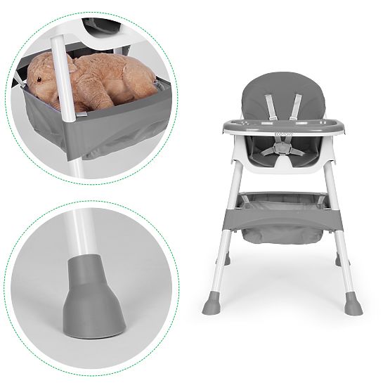 Scaun de masă pentru copii cu tavă, coș, centuri în 5 puncte, gri ECOTOYS