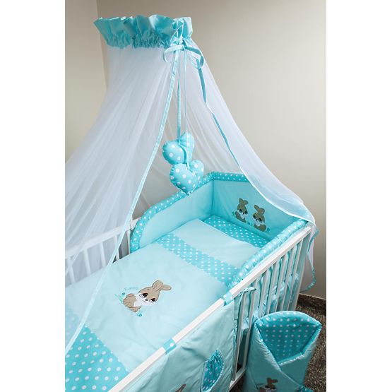 Set de așternuturi de patuț pentru copii 120 x 90 cm de culoarea turcoaz cu motivul unui iepuraș