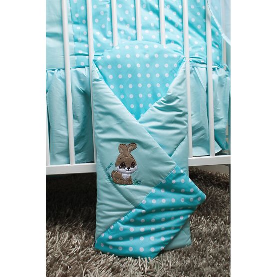 Set de așternuturi de patuț pentru copii 135 x 100 cm de culoarea turcoaz cu motivul unui iepuraș