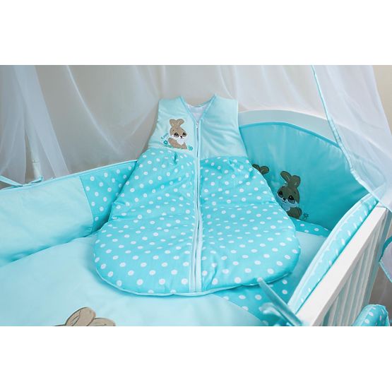 Set de așternuturi de patuț pentru copii 135 x 100 cm de culoarea turcoaz cu motivul unui iepuraș