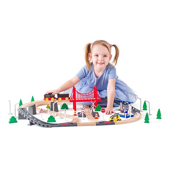 Set de cale ferată din lemn cu locomotivă pe baterii, 80 de piese