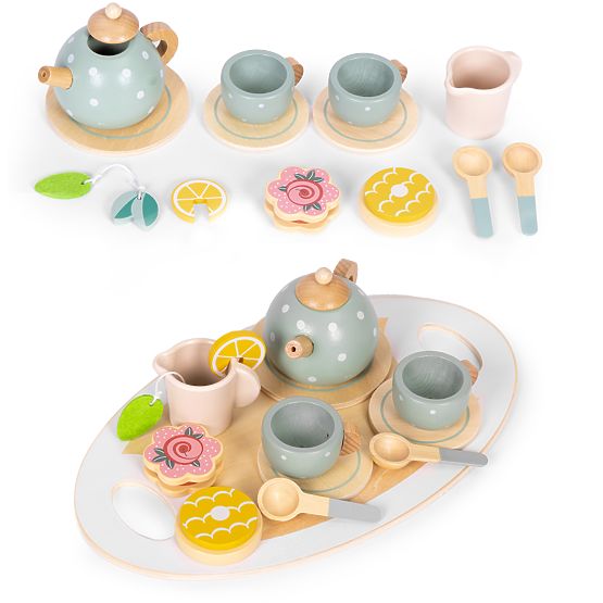 Set de ceai din lemn cu ceainic și cești 14 piese ECOTOYS