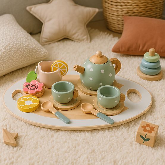 Set de ceai din lemn cu ceainic și cești 14 piese ECOTOYS