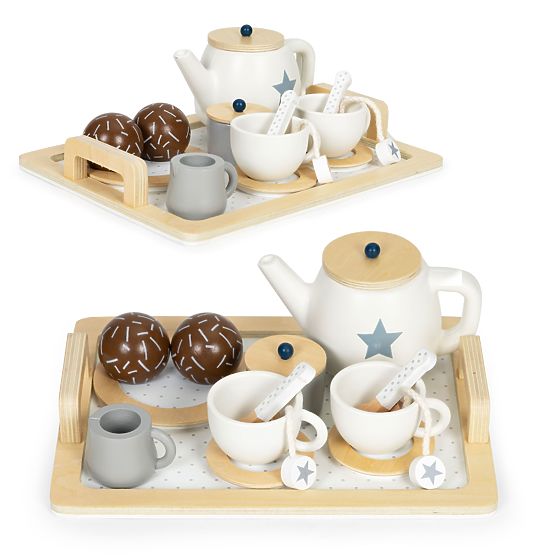 Set de ceai din lemn cu ceainic și cești 17 piese ECOTOYS