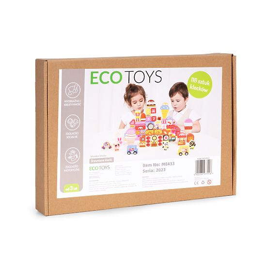 Set de cuburi educative din lemn - Orașul Dulciurilor 116 bucăți ECOTOYS