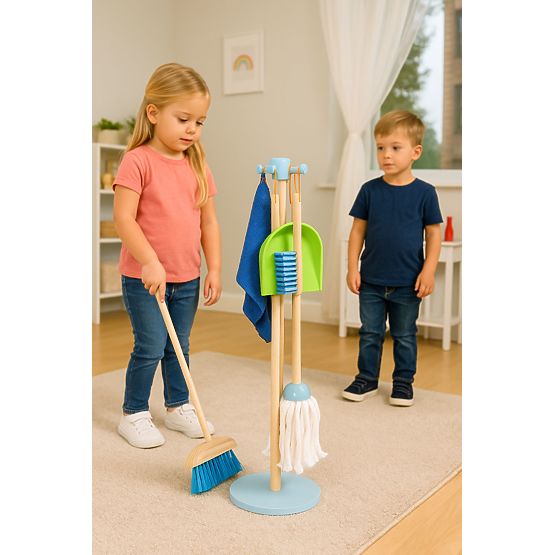 Set de curățenie din lemn pentru copii mop și mătură cu făraș 7 piese ECOTOYS