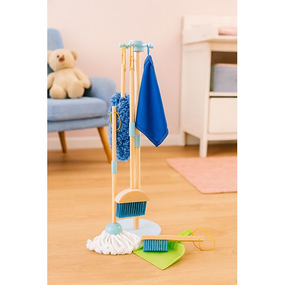 Set de curățenie din lemn pentru copii mop și mătură cu făraș 7 piese ECOTOYS