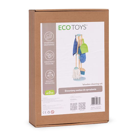 Set de curățenie din lemn pentru copii mop și mătură cu făraș 7 piese ECOTOYS