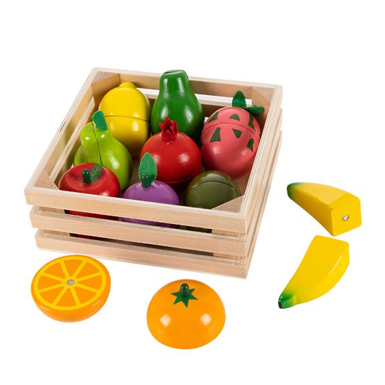 Set de fructe din lemn într-o ladă