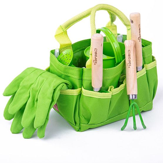 Set de instrumente de grădină Bigjigs Toys în geantă de pânză verde