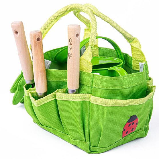 Set de instrumente de grădină Bigjigs Toys în geantă de pânză verde