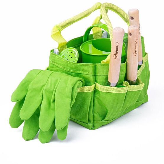 Set de instrumente de grădină Bigjigs Toys în geantă de pânză verde