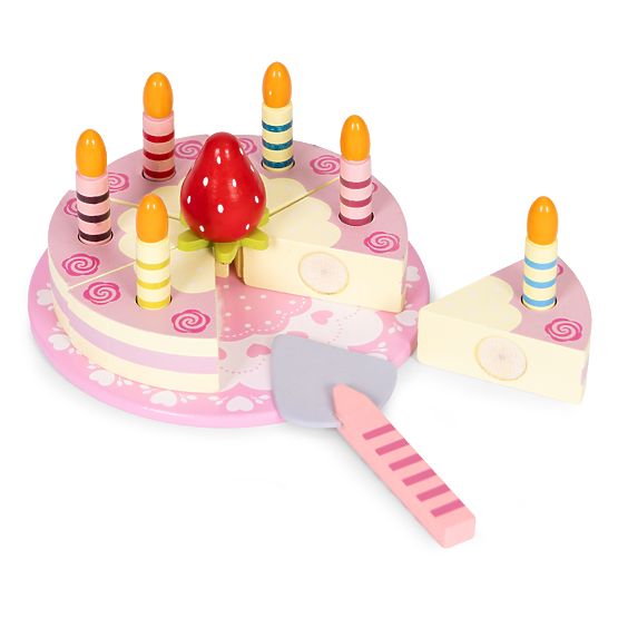 Set de tort din lemn cu scai, lumânări și căpșuni pentru copii, 15 piese ECOTOYS